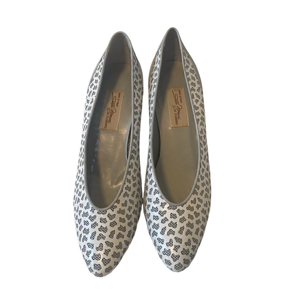 Vintage Sesto Meucci of Florence Leather Gray & White Laser Cut Cone Heel Pumps